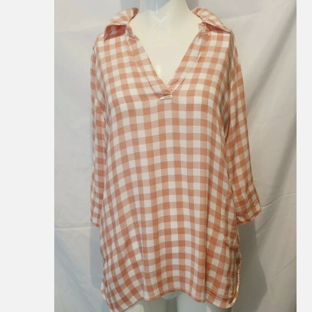 Soft Surroundings Orange‎ White Gingham Tunic Top V-Neck 3/4 Sleeve Rayon 3BA17